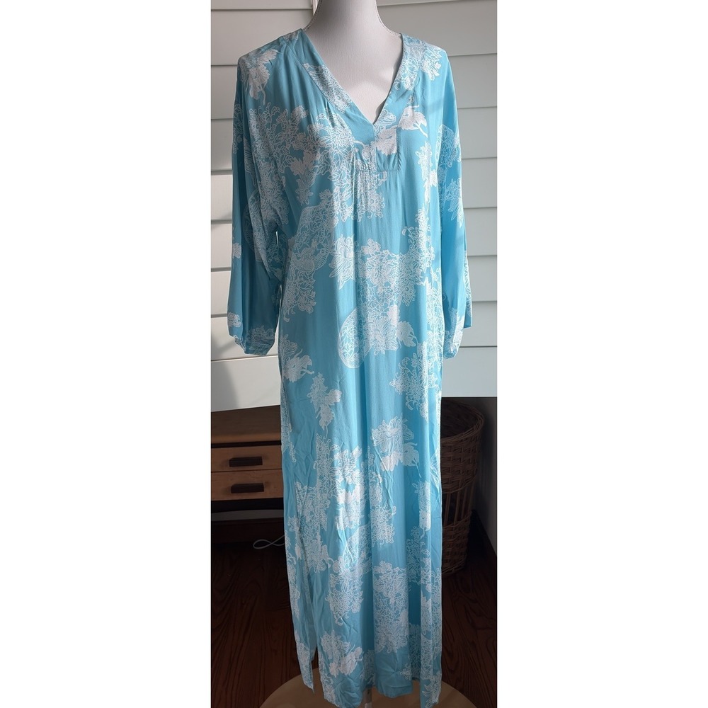 Natori M Turquoise Blue Floral Maxi Caftan Dress Rayon Resort Boho Pockets